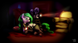 Size: 1024x575 | Tagged: safe, artist:cyclone-dusk, oc, oc only, oc:sumica, pegasus, pony, chair, clothes, hoof hold, on side, popcorn, projector, skirt, smiling, solo, stockings, tattoo, watching