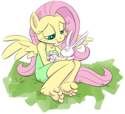 Size: 1020x930 | Tagged: safe, artist:kuroi-wolf, artist:pepperoach, angel bunny, fluttershy, anthro, plantigrade anthro, g4, barefoot, cute, feet, soles, toes