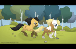 Size: 1024x654 | Tagged: safe, artist:almairis, earth pony, pony, 2011, bush, closed mouth, coat markings, crossover, dreamworks, duo, feather, feather in hair, female, galloping, gradient legs, letterboxing, male, mare, mustang, natural coat color, ponified, ponified horse, rain (character), rain (spirit: stallion of the cimarron), rock, running, signature, smiling, socks (coat markings), spirit (character), spirit: stallion of the cimarron, stallion, tree