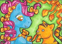 Size: 252x179 | Tagged: safe, artist:colormist, bow tie (g1), twinkles, cat, g1, cute, picture for breezies, tieabetes, traditional art