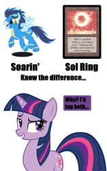 Size: 900x1430 | Tagged: safe, soarin', twilight sparkle, g4, bedroom eyes, female, grin, know the difference, magic the gathering, male, meme, raised eyebrow, shipping, smiling, soarlight, sol ring, straight, text