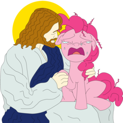 Size: 800x800 | Tagged: source needed, safe, artist:lycanianspike, pinkie pie, earth pony, human, pony, g4, adventure in the comments, christianity, comforting, crying, drama, female, jesus christ, male, mare, religion, religious, religious focus, sad, simple background, transparent background