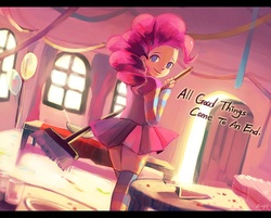 Size: 900x725 | Tagged: safe, artist:amy30535, pinkie pie, human, g4, after party, broom, cleaning, clothes, dialogue, female, humanized, looking at you, looking back, messy, sad in hindsight, skirt, solo