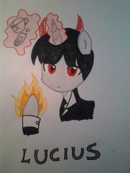 Size: 1536x2048 | Tagged: safe, artist:lolly <3, devil, pony, unicorn, cup, fire, lucius, solo, telekinesis, text