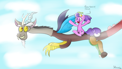 Size: 3500x2000 | Tagged: safe, artist:spenws, discord, screwball, g4, flyer, flying, parent, parenting, sky