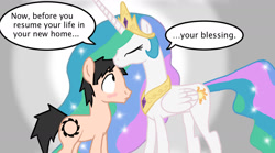 Size: 1440x798 | Tagged: safe, artist:ceehoff, princess celestia, oc, oc:connor, alicorn, human, pony, g4, canon x oc, equestria's first human, gradient background, kissing, ponified