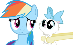 Size: 1955x1221 | Tagged: safe, artist:stormsclouds, mitsy, rainbow dash, cat, pony, g4, bow, holding, kitten, simple background, transparent background, vector