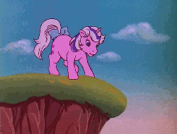 Size: 708x540 | Tagged: safe, screencap, bow tie (g1), twilight, pony, g1, rescue at midnight castle, animated, cliff, female, magic, tail bow, teleportation, wink