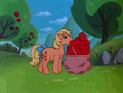 Size: 708x540 | Tagged: safe, screencap, applejack (g1), firefly, earth pony, pegasus, pony, g1, rescue at midnight castle, animated, apple, apple core, crash, crash landing, duo, eat the camera, female, flower, hoofy-kicks, looking at you, mouth hold, tail bow, tree