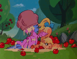 Size: 708x540 | Tagged: safe, screencap, applejack (g1), firefly, pony, g1, rescue at midnight castle, animated, apple, applesauce, basket, female, food, joke, messy, silly, silly pony, smiling, who's a silly pony