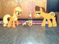 Size: 1024x765 | Tagged: safe, artist:dreamland200, applejack, caramel, g4, apple cider, bottle, floor, hard, irl, mat, photo, ponies in real life, unopened, vector