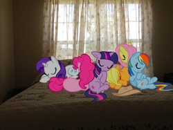 Size: 3264x2448 | Tagged: safe, artist:serindo, applejack, fluttershy, pinkie pie, rainbow dash, rarity, twilight sparkle, g4, bed, cuddle puddle, curtains, hat, irl, mane six, photo, ponies in real life, sleep pile, vector