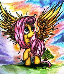 Size: 1438x1644 | Tagged: safe, artist:tomek2289, fluttershy, g4, crying, female, sad, solo, traditional art, wingboner