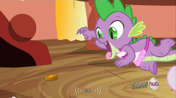 Size: 640x355 | Tagged: safe, screencap, spike, dragon, g4, just for sidekicks, gem, male, meme, solo, tongue out, youtube caption