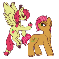 Size: 500x500 | Tagged: safe, artist:lulubell, apple bloom, babs seed, succubus, g4, apple, cloven hooves, female, horns, incest, lesbian, older, race swap, ship:appleseed, shipping, simple background, transparent background, unshorn fetlocks