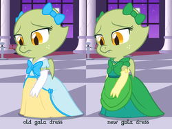 Size: 800x600 | Tagged: safe, artist:hawk9mm, artist:queencold, oc, oc only, oc:jade (queencold), dragon, baby dragon, canterlot castle, clothes, comparison, dragoness, dress, gala dress