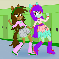 Size: 1280x1280 | Tagged: safe, artist:emerald rush, oc, oc only, oc:amethyst spoon, oc:emerald rush, equestria girls, g4, boots, diaper, diaper fetish, diaper under clothes, female, holding hands, non-baby in diaper, shoes, x-ray