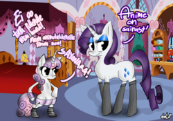 Size: 2295x1608 | Tagged: safe, artist:blup-chan, rarity, sweetie belle, pony, g4, anime, bipedal, clothes, dialogue, duo, finnish, otaku, socks, striped socks, translated in the description, translation