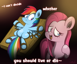 Size: 1678x1400 | Tagged: safe, artist:slitherpon, pinkie pie, rainbow dash, fanfic:cupcakes, we're going for a ride, g4, bondage, bound, duo, i can't decide, immatoonlink, parody, pinkamena diane pie, scissor sisters, table
