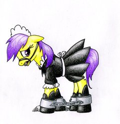 Size: 878x910 | Tagged: safe, artist:azurushka, oc, oc only, oc:lemon slice, pony, ballgag, bondage, bridle, chains, clothes, cuffs, floppy ears, gag, maid, sad, solo