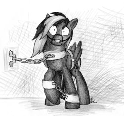 Size: 900x844 | Tagged: safe, artist:azurushka, oc, oc only, pegasus, pony, ballgag, bondage, bound wings, chains, collar, gag, monochrome, shackles, solo, torture, traditional art