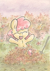 Size: 686x977 | Tagged: safe, artist:slightlyshade, apple bloom, g4, autumn, female, fork, leaves, solo, traditional art