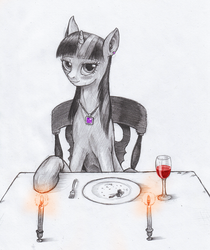 Size: 995x1186 | Tagged: safe, artist:jaxonian, twilight sparkle, pony, unicorn, g4, bedroom eyes, blushing, candle, color, cute, date, date night, earring, female, lidded eyes, looking at you, mare, necklace, partial color, pencil drawing, romance, romantic, simple background, sketch, smiling, solo, table, traditional art, unicorn twilight, white background, wine, wine glass