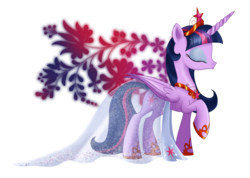 Size: 2100x1494 | Tagged: safe, artist:tiffanymarsou, twilight sparkle, alicorn, pony, g4, big crown thingy, clothes, concave belly, crown, dress, element of magic, eyes closed, eyeshadow, female, folded wings, hoof shoes, jewelry, makeup, mare, peytral, princess shoes, raised hoof, regalia, see-through, simple background, slender, solo, thin, transparent background, twilight sparkle (alicorn), wings