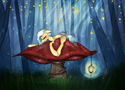 Size: 1200x870 | Tagged: safe, oc, oc only, oc:winter blizz, firefly (insect), pegasus, pony, forest, giant mushroom, lantern, mushroom, solo