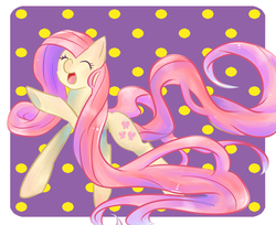 Size: 978x800 | Tagged: safe, artist:kemonomo, fluttershy, g4, eyes closed, female, happy, long mane, open mouth, pixiv, pointing, smiling, solo, underhoof, wingless