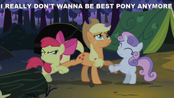 Size: 1024x576 | Tagged: safe, apple bloom, applejack, sweetie belle, g4, best pony, caption