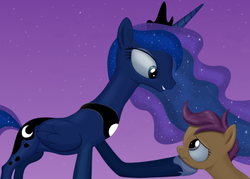 Size: 697x498 | Tagged: safe, artist:simeonleonard, princess luna, scootaloo, alicorn, pegasus, pony, g4, crown, ethereal mane, female, filly, foal, hoof under chin, jewelry, mare, regalia, sad, scene interpretation, scootalove, stars