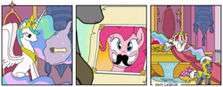 Size: 800x315 | Tagged: safe, artist:foudubulbe, pinkie pie, princess celestia, alicorn, earth pony, pony, unicorn, g4, comic, fake moustache, horn, laughing, lying down, moustache, on back, royal guard, sillestia, silly, silly pony