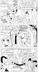 Size: 422x800 | Tagged: safe, artist:foudubulbe, fluttershy, gummy, pinkie pie, g4, accident, comic, crying, cute, diapinkes, knock out, monochrome, pronking, shyabetes