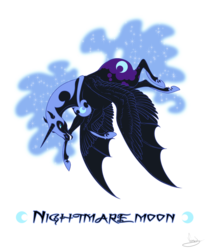 Size: 1155x1387 | Tagged: safe, artist:vanycat, nightmare moon, alicorn, pony, g4, ethereal mane, female, helmet, hoof shoes, hybrid wings, mare, realistic, solo, starry mane, wings