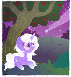 Size: 718x786 | Tagged: safe, artist:disfiguredstick, oc, oc only, oc:wishery, pony, unicorn, g4, apple, apple tree, bush, female, grass, lying down, mare, open mouth, open smile, prone, shooting star, signature, smiling, solo, starry eyes, stars, tree, wingding eyes