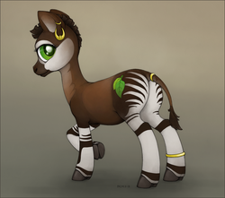 Size: 1346x1192 | Tagged: safe, artist:ecmajor, oc, oc only, okapi, ear piercing, earring, jewelry, leg rings, piercing, ring, simple background, solo, stripes, tail, tail ring