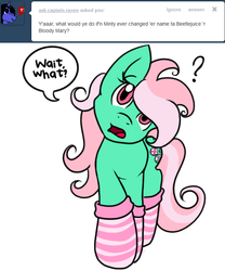 Size: 500x600 | Tagged: safe, artist:tilastrinity, minty, earth pony, pony, g3, ask, clothes, confused, cute, female, frown, head tilt, looking up, mare, oh minty minty minty, open mouth, question mark, simple background, socks, solo, speech bubble, striped socks, tumblr, wat, white background