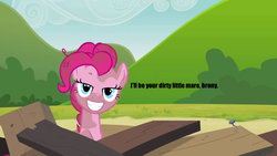 Size: 1280x720 | Tagged: safe, edit, edited screencap, screencap, pinkie pie, g4, too many pinkie pies, bedroom eyes, bronybait, dirty, female, out of context, solo