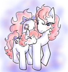 Size: 400x420 | Tagged: safe, artist:butterscotch25, baby sundance, sundance, earth pony, pony, g1, baby, baby pony, baby sundawwnce, blushing, bow, child, daughter, eyes closed, female, filly, mare, mother, mother and child, mother and daughter, smiling, sundawwnce, tail, tail bow