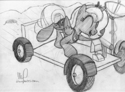 Size: 3300x2414 | Tagged: safe, artist:drawponies, princess luna, g4, female, lunar rover, monochrome, solo, traditional art