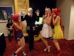 Size: 2000x1500 | Tagged: artist needed, safe, artist:rougeleaderred, apple bloom, scootaloo, sweetie belle, human, g4, cape, clothes, cosplay, cutie mark crusaders, dragon con, dragoncon 2012, irl, irl human, photo, slendermane, slenderpony