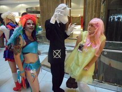 Size: 2000x1500 | Tagged: artist needed, safe, fluttershy, rainbow dash, human, g4, clothes, convention, cosplay, dia de los muertos, dragon con, dragoncon 2012, face paint, irl, irl human, photo, slendermane, slenderpony, suit