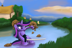 Size: 1800x1200 | Tagged: safe, artist:shade-os, fluttershy, twilight sparkle, turtle, g4, sword, twilight vs turtles