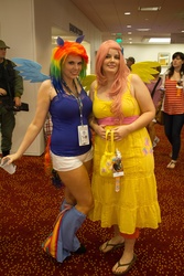 Size: 2581x3872 | Tagged: artist needed, safe, fluttershy, rainbow dash, human, g4, convention, cosplay, dragon con, irl, irl human, photo