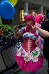 Size: 2581x3872 | Tagged: safe, artist:bewitchedraven, gummy, pinkie pie, human, g4, balloon, clothes, corset, cosplay, customized toy, dragoncon, dragoncon 2012, dress, gala dress, irl, irl human, perler beads, photo