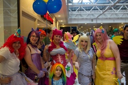 Size: 3872x2581 | Tagged: artist needed, safe, artist:bewitchedraven, artist:shardsofblue, derpy hooves, fluttershy, pinkie pie, rainbow dash, twilight sparkle, human, g4, balloon, contact lens, cosplay, dragon con, dragoncon 2012, irl, irl human, photo, underbust