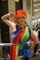 Size: 2581x3872 | Tagged: safe, artist:selovell, rainbow dash, human, g4, clothes, convention, cosplay, dragon con, irl, irl human, photo, solo, toga