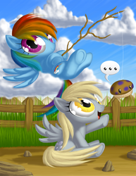 Size: 850x1100 | Tagged: safe, artist:berrypawnch, derpy hooves, rainbow dash, pegasus, pony, g4, big eyes, cloud, cute, dashabetes, day, derpabetes, duo, female, fence, fishing, food, ground, looking at you, lying, mare, muffin, on back, outdoors, reaching, rod, stick, wide eyes
