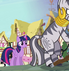 Size: 945x975 | Tagged: safe, screencap, twilight sparkle, zecora, alicorn, pony, zebra, g4, princess twilight sparkle (episode), big crown thingy, cropped, ear piercing, earring, female, jewelry, mare, neck rings, out of context, piercing, twilight sparkle (alicorn)